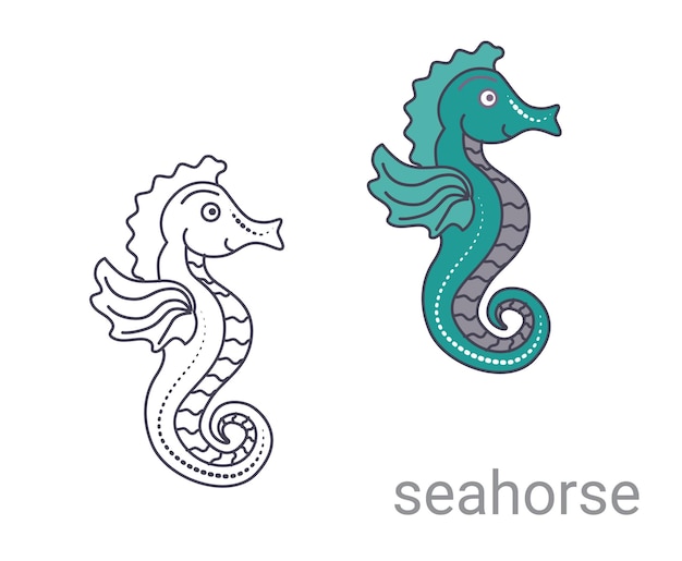 Set of colored green seahorse and seahorse outline for coloring Cute cartoon seahorse