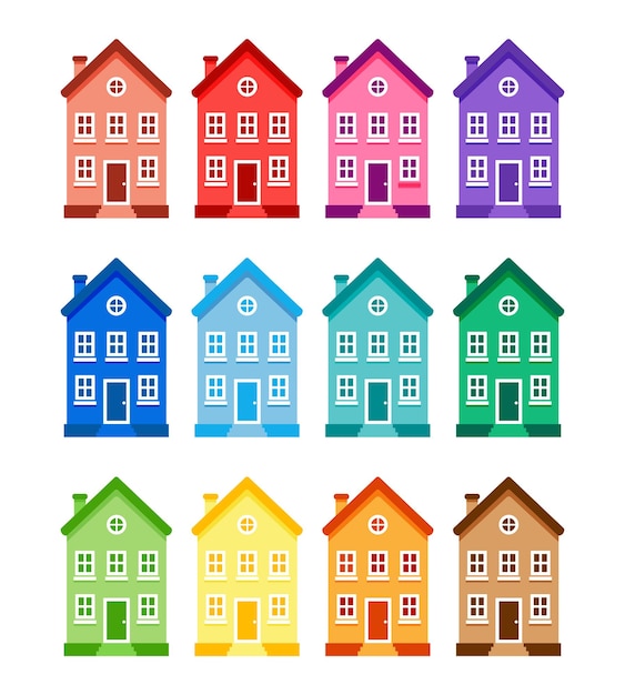 Set of colored houses Simple house group in rainbow colors color wheel