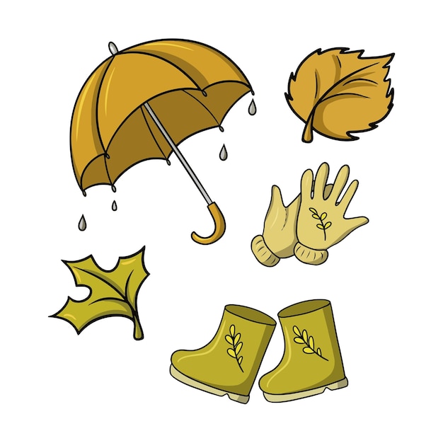 Set of colored icons autumn walk in the rain vector cartoon