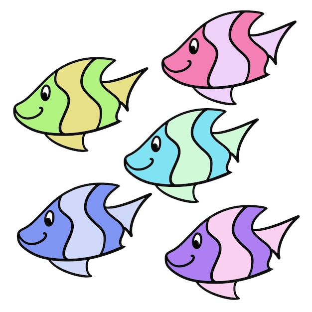 Set of colored icons Cute cartoon fish inhabitant of tropical seas aquarium fish vector