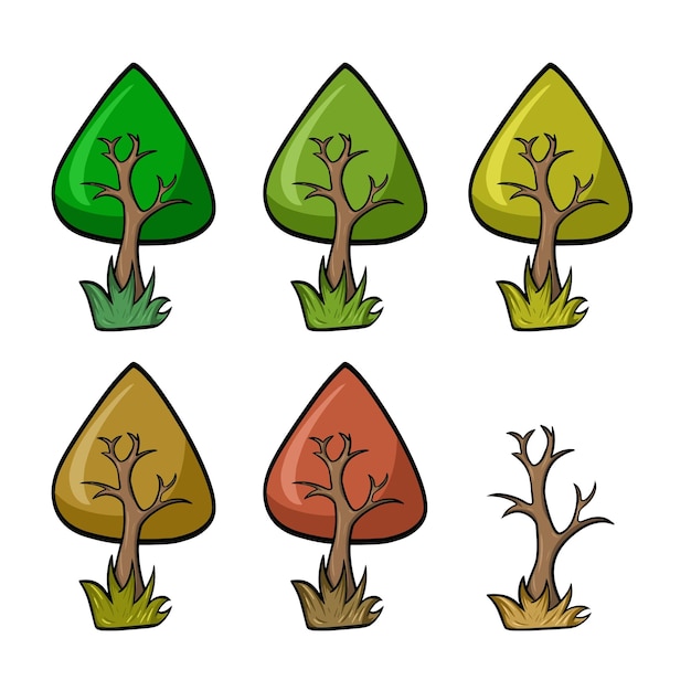 A set of colored icons A decorative autumn tree with an elongated crown vector cartoon