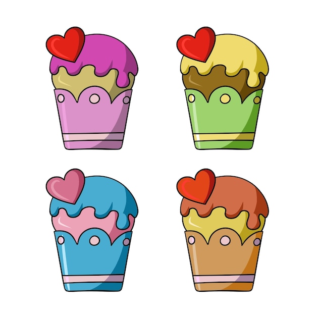 A set of colored icons a delicious cupcake with powdered sugar and a heart vector cartoon