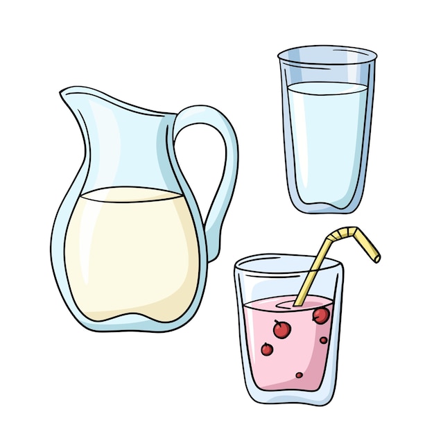 A set of colored icons drinks in glassware vector cartoon