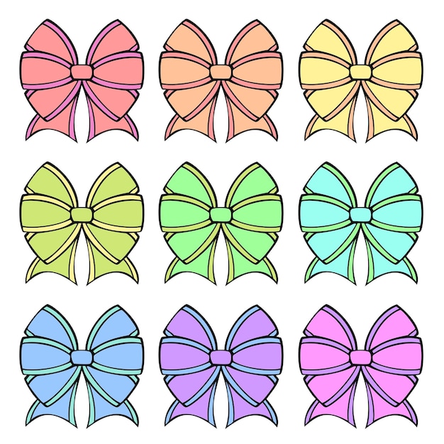 A set of colored icons a large beautiful festive bow from a wide ribbon pastel colors vector