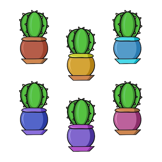 Set of colored icons round green cacti in different ceramic pots vector cartoon