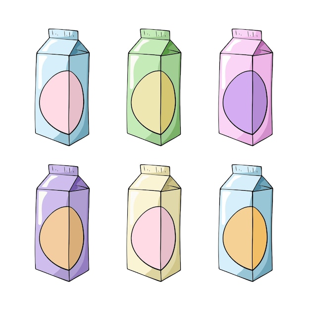 Set of colored icons square packaging for juice milk kefir copy space vector cartoon