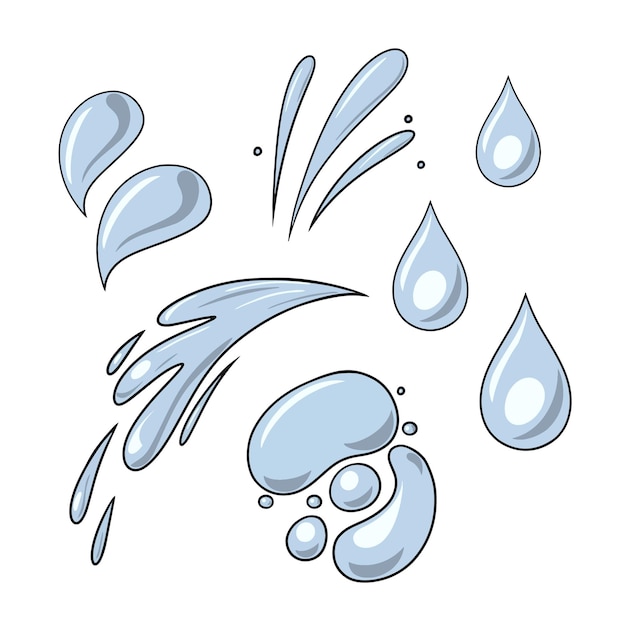 A set of colored icons waves and water drops in cartoon style various splashes vector