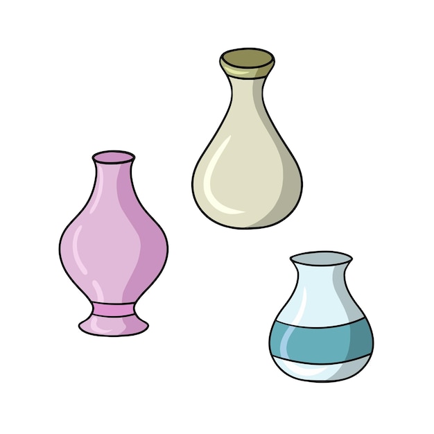 A set of colored icons a wide ceramic flower vase with a narrow neck a jug vector cartoon