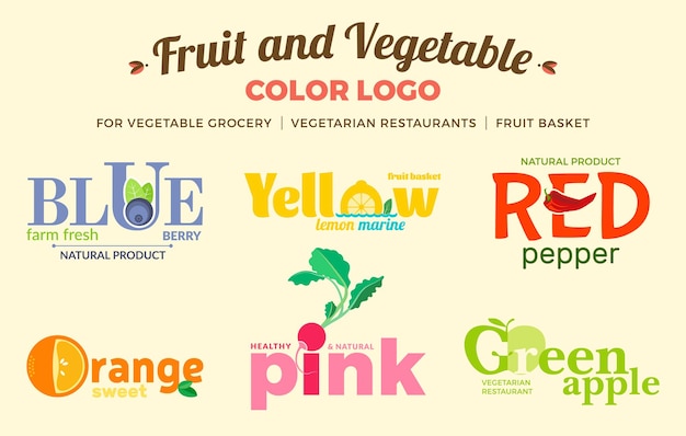 Set of colored logos on the theme of fruits vegetables and berries For vegetable shops