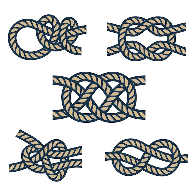 Set of colored nautical rope knots for a sea ship