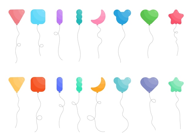 Set of colored party balloons tied with strings Vector illustration in cartoon style