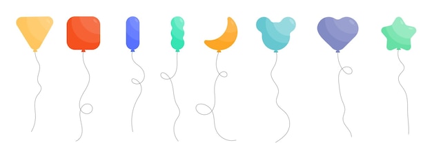 Set of colored party balloons tied with strings Vector illustration in cartoon style