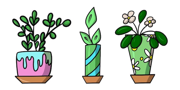 A set of colored pictures Indoor plant in a ceramic pot tropical flower cartoon vector illustration