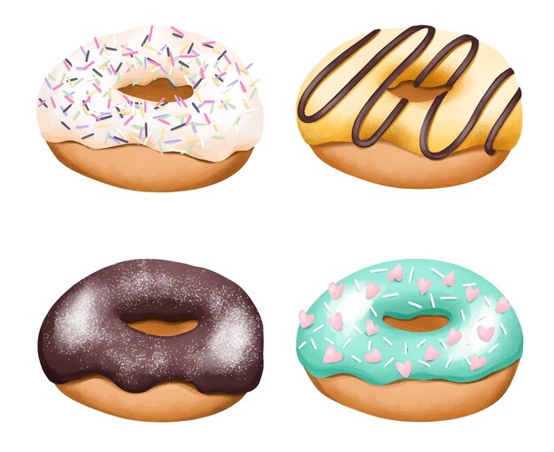 Vector set of colored round glazed donuts, watercolor donuts clipart