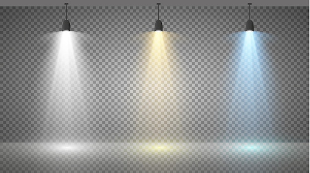 Set of colored searchlights on a transparent background Bright lighting with spotlights The searchlight is white blue