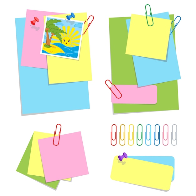 A set of colored sheets of different sizes and office clips.