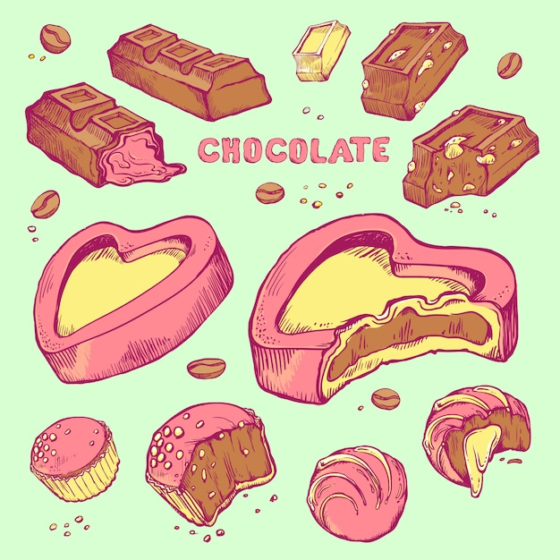  set of colored sketches bitten chocolates. Sweet rolls, bars, glazed, cocoa beans.