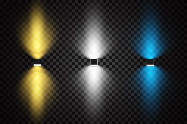 Vector set of colored spotlights on a transparent background bright lighting with spotlights spotlight white blue yellow