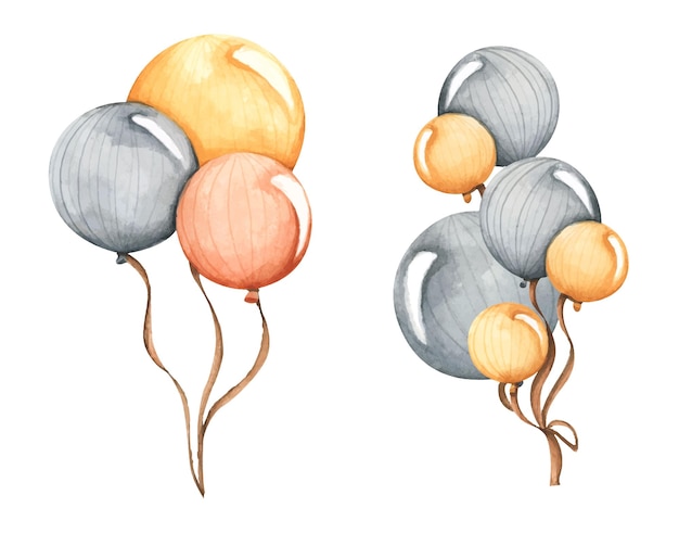 Set of colorful air balloons Pack of orange yellow and black balloons Watercolor illustration