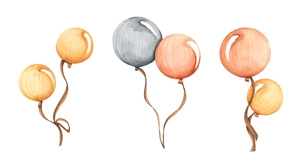 Set of colorful air balloons Pack of orange yellow and black balloons Watercolor illustration