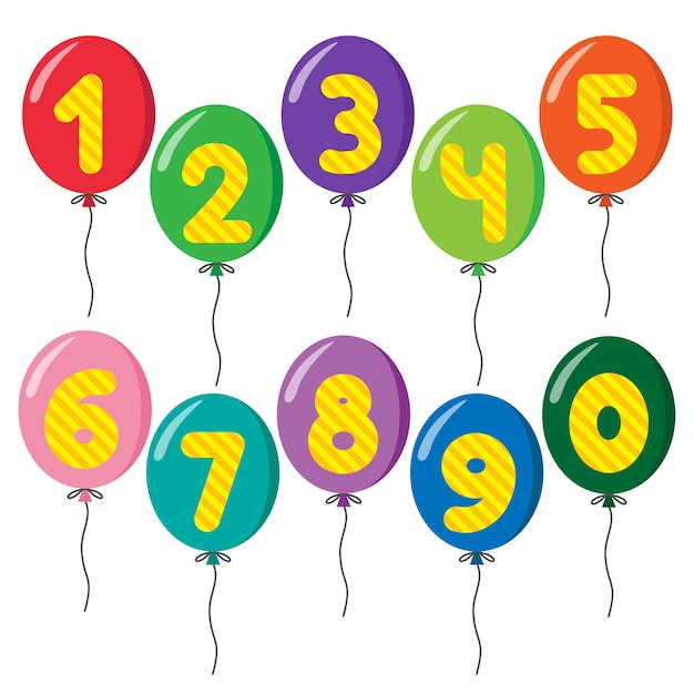 Set of colorful balloons on strings with numbers