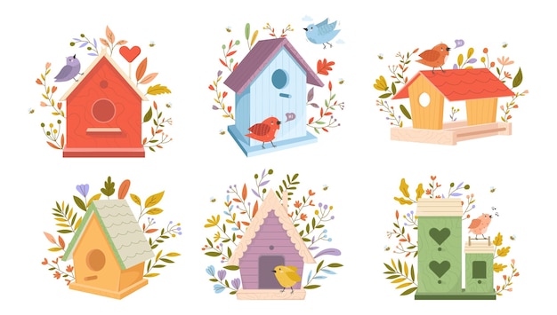 A set of colorful birdhouses with birds on them