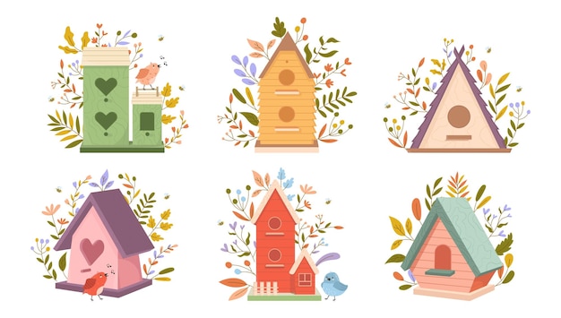 A set of colorful birdhouses with birds on them