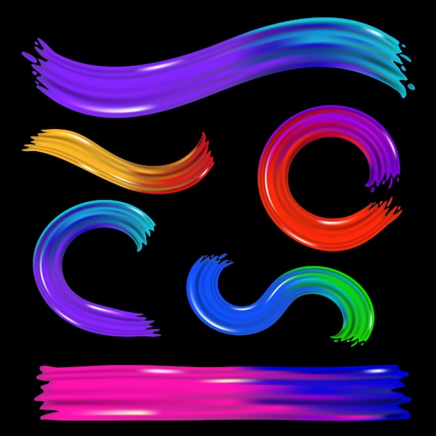 Set of colorful brush strokes on black background. Modern flow, wave Liquid shape. Dynamic elements design. Paint splash, splatter, colorful curl, vivid ribbon. 