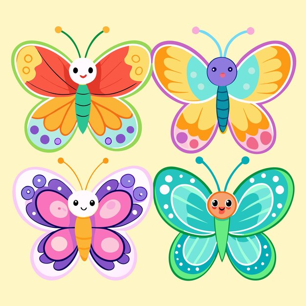 Vector set of colorful butterflies with smiling faces