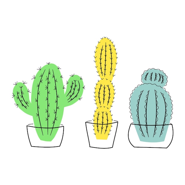 Set of colorful cacti in pots on white background