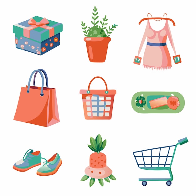 A set of colorful cartoon icons of shopping fashion and gift ideas