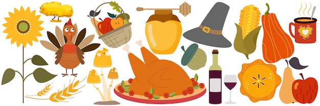 Set of colorful cartoon icons for thanksgiving day