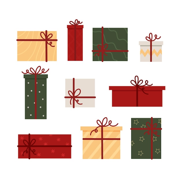 Set of colorful christmas gift boxes Vector flat illustration