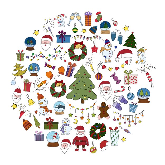 Set of colorful Christmas icons with a thin line vector doodle illustration