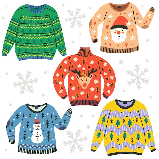 Set of colorful Christmas ugly sweaters