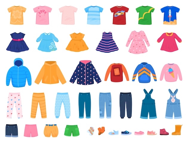 Set of colorful clothes for children dresses pants whispers sweaters tshirts vector illustration