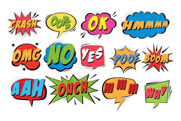 Set of colorful comic speech bubbles pop art style, different shapes with halftone shadows.