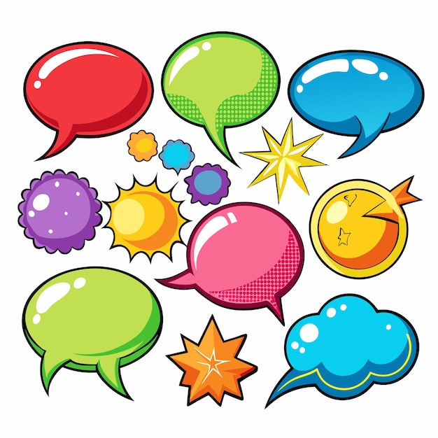 Set of colorful comic speech bubbles with halftone background stars and different shapes