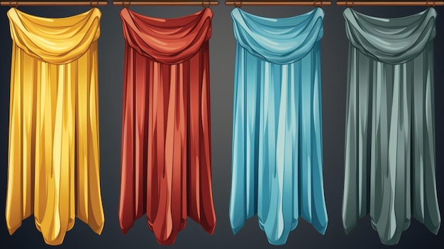 Vector a set of colorful curtains with a red and blue curtain