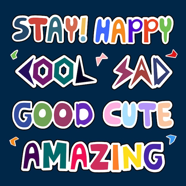 Set colorful cute cool amazing words stickers