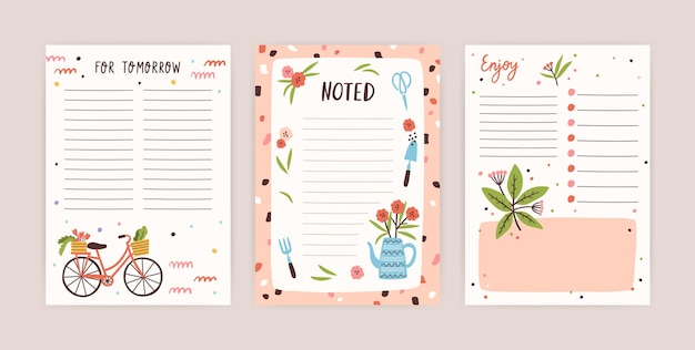 Set of colorful daily planners with place for text vector flat illustration. Collection of empty sheets for notes decorated by design elements isolated. Scheduler or organizer pages.