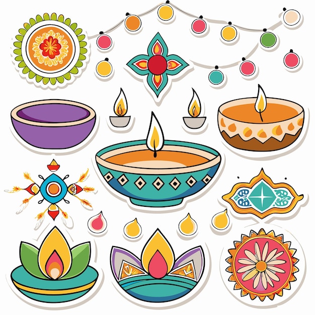 Vector set of colorful diya and mandala illustrations