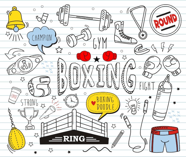 Set of colorful doodle on paper background.Doodles Boxing elements