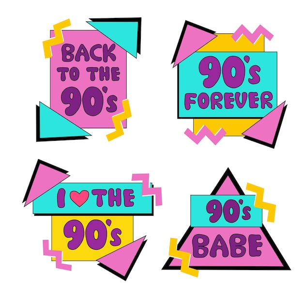 Vector set of colorful emblems stickers logo and labels of the 90s back to 90s i love the 90