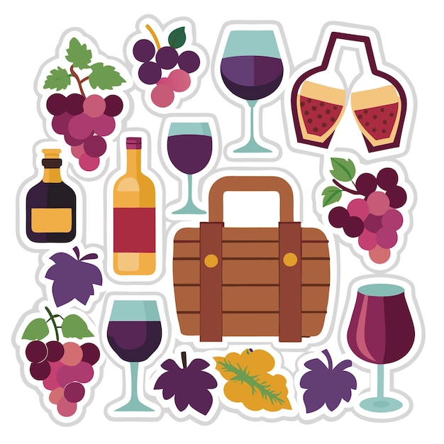 A set of colorful flat icons for wine grapes and wine accessories perfect for web design print or branding