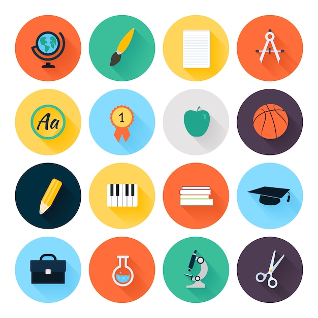 Set of colorful flat school and education icons