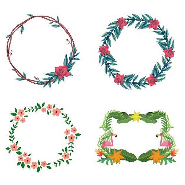 Vector set of colorful floral frames round and square wreaths of flowers and leaves vector flat illustrat