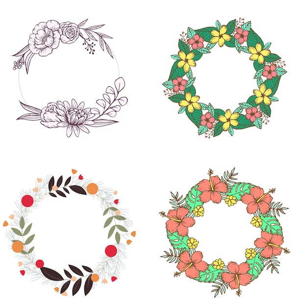 Vector set of colorful floral frames round and square wreaths of flowers and leaves vector flat illustrat