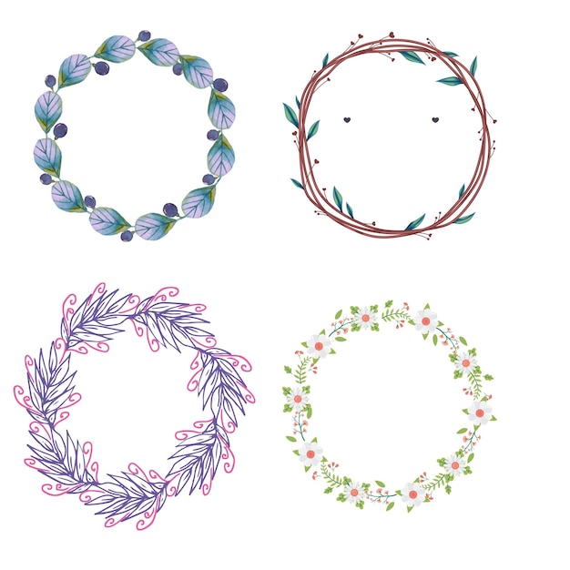 Vector set of colorful floral frames round and square wreaths of flowers and leaves vector flat illustrat