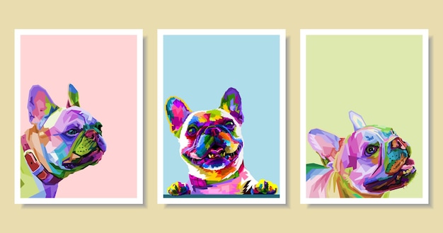 Set of colorful french bulldog on geometric pop art style.